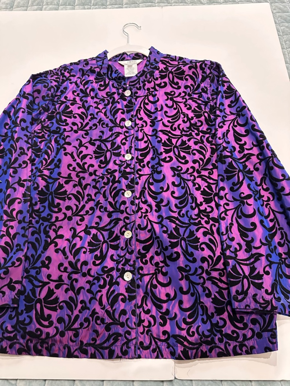 Vintage-Inspired Purple & Black Iridescent Flocked Pattern Women's Blouse/Jacket